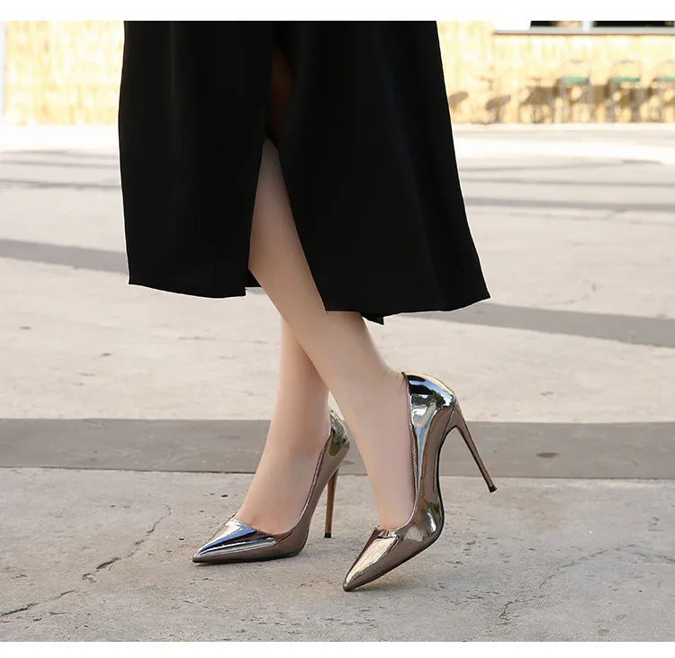 High Heels for Women ELEGANT Sweet Fashion British Style Slip-On 12CM Thin Heels Pointed Toe Office Career Women Shoes Gold 46 - Belvar