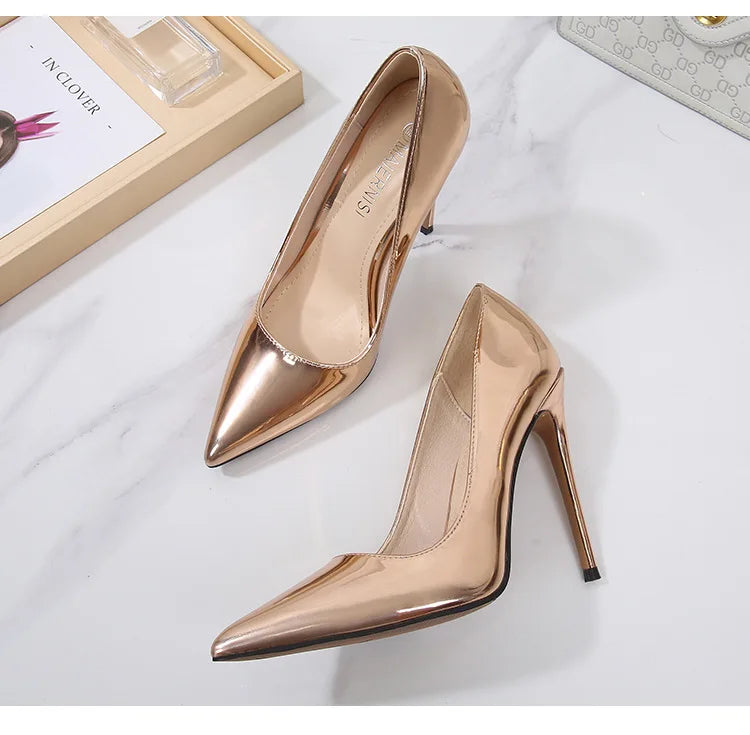 High Heels for Women ELEGANT Sweet Fashion British Style Slip-On 12CM Thin Heels Pointed Toe Office Career Women Shoes Gold 46 - Belvar