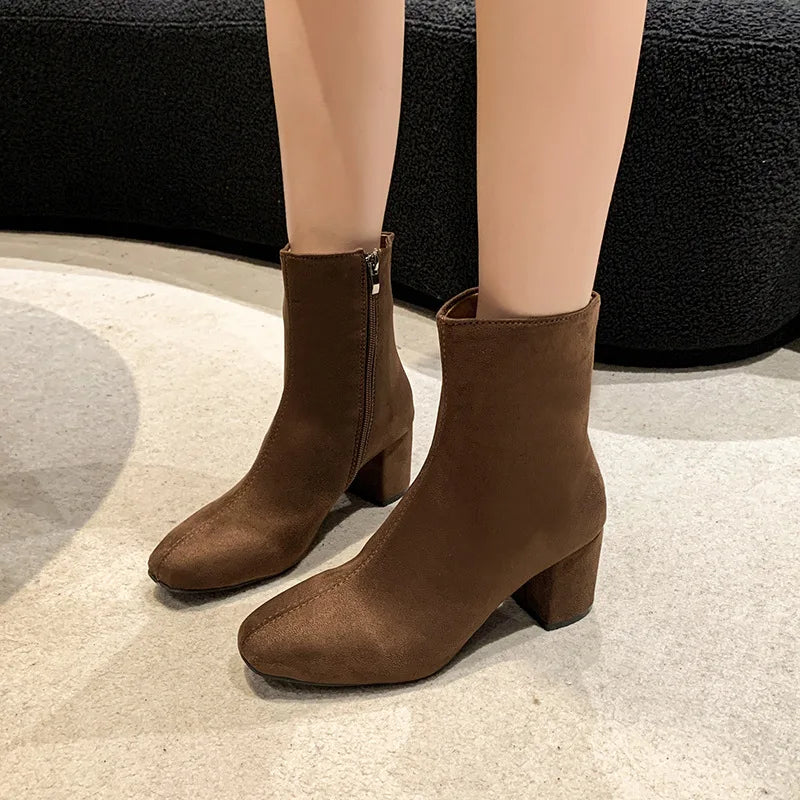 Ladies Shoes on Sale 2023 Zipper Women's Boots Autumn Square Toe Solid Short Barrel Shoes Female Chunky Heel Rider Boots Zapatos - Belvar