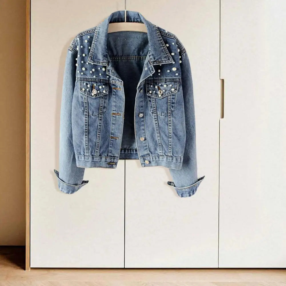 Trendy Women Denim Jacket Firm Stitching Autumn Denim Jacket Breathable Cardigan Imitation Pearl Autumn Coat Beads Decor
