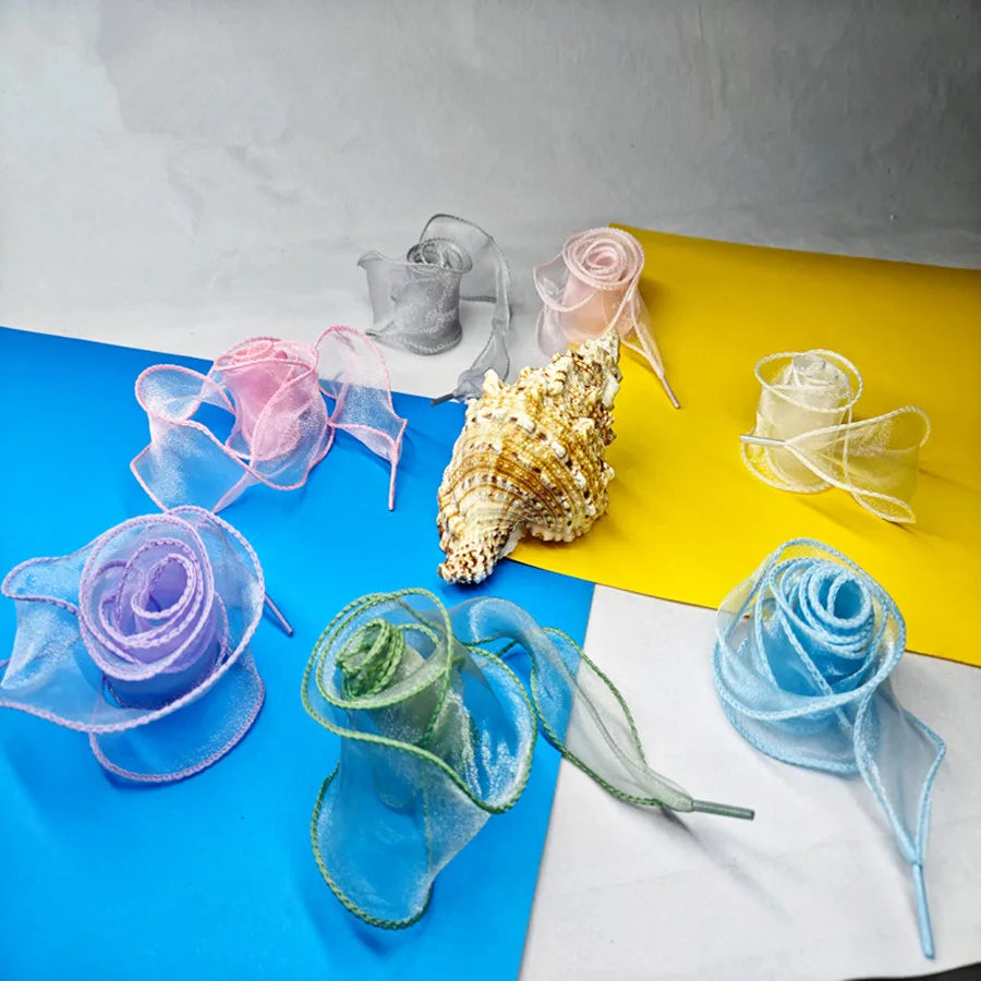 4cm Wide Festoon Fishtail Organza Shoelaces Wave Chiffen Yarn Bow Laces Beauty White Casual Sneaker DE Training Shoes Laces