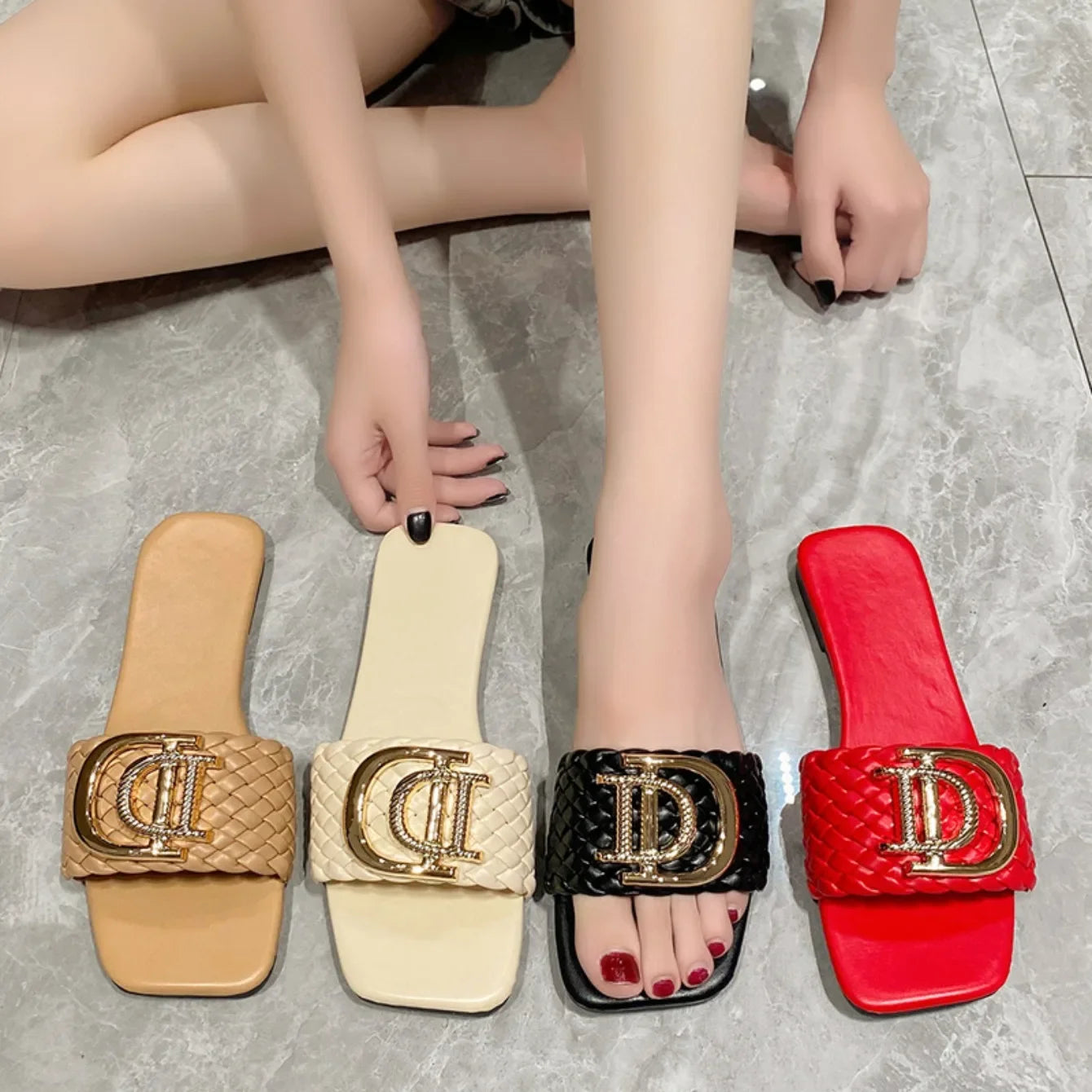 Women Slippers Party Sexy Elegant Slippers Women Luxury Decor Weave Designer Flat Sandals Fashion Open-toe Vacation Slides Women - Belvar