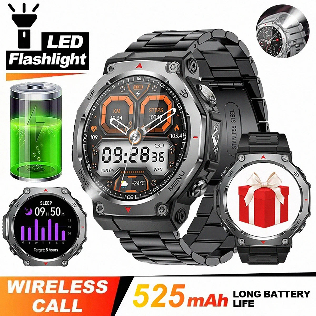 2025 New Military Smart Watch Flashlight/UV Light 5ATM Waterproof Sport Fitness Smartwatch Men Bluetooth Call for Xiaomi IOS