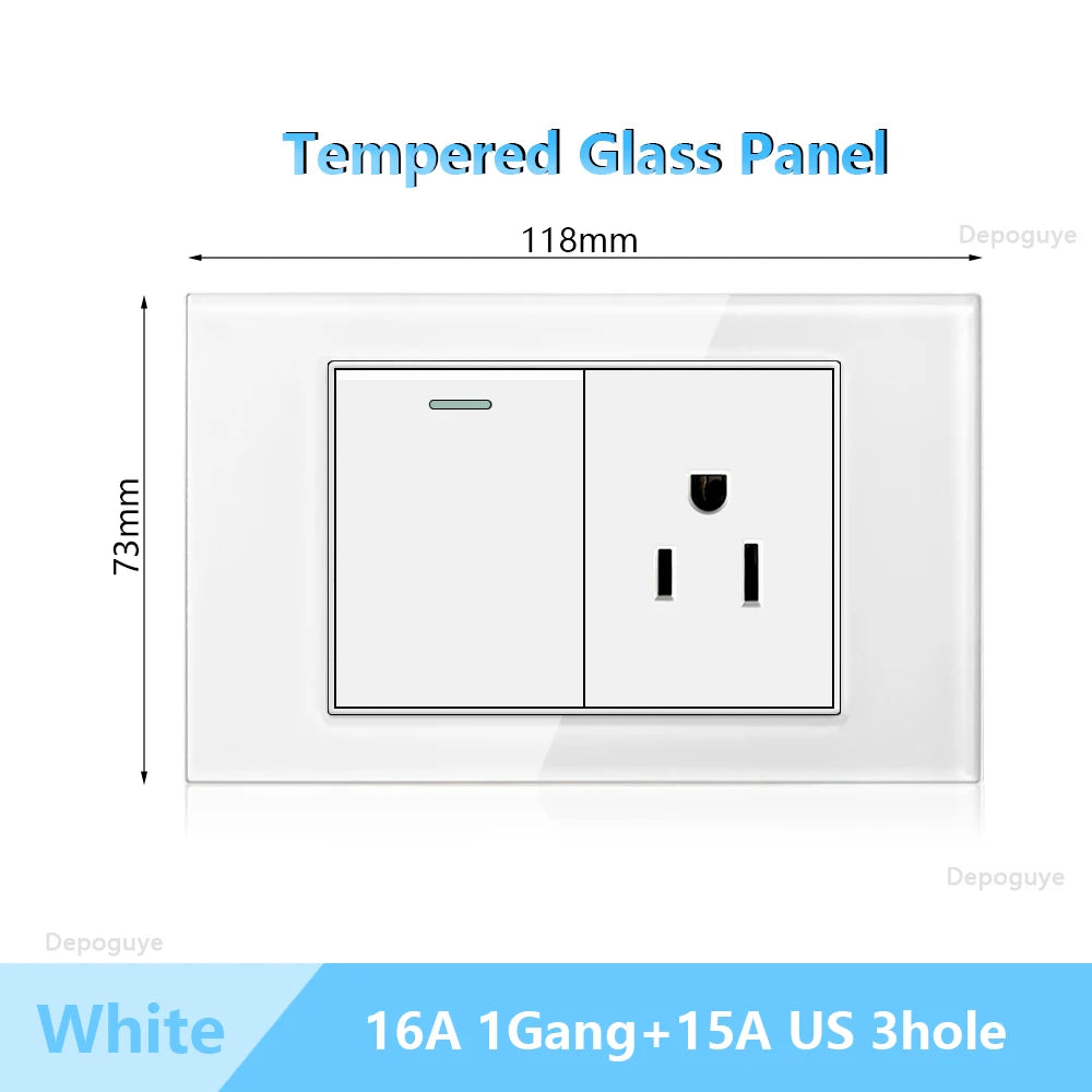 US Wall Switch Power Socket with USB Type-c Quick Charger,American Mexico White Tempered Glass Plug Outlet,Light Switch Panel