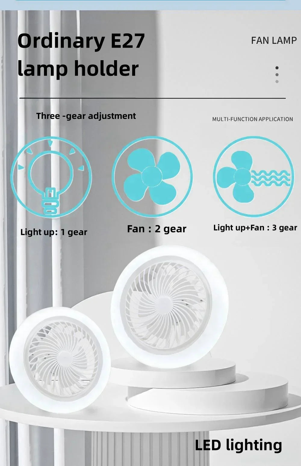 2 in1 Ceiling Fan with Remote Control Lighting Lamp E27 Converter Base Lighting Base Bedroom Living Room