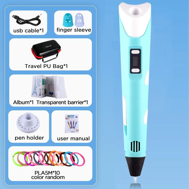 3D Pen Drawing Printing Pen With LCD Screen Compatible PLA Filament Toys Safe Paiting for Children DIY Christmas Birthday Gift