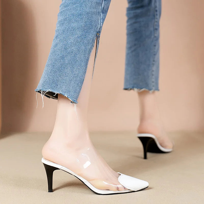 Pointed Toe Slippers,2024 High Heeled Summer Shoes,Transparent PVC Slides,Outside Wearing,Slip On,Black,White,Red,35-40,Dropship - Belvar