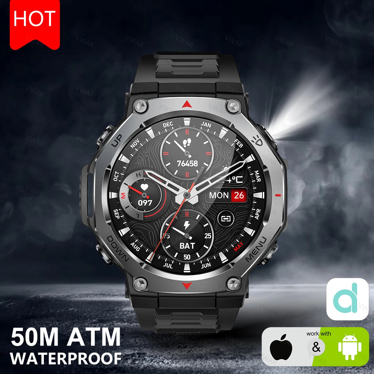 2025 New Military Smart Watch Flashlight/UV Light 5ATM Waterproof Sport Fitness Smartwatch Men Bluetooth Call for Xiaomi IOS