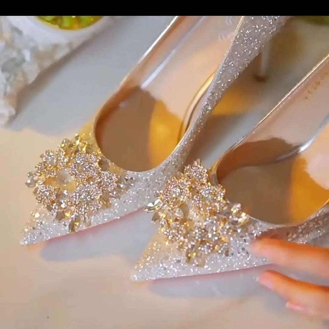 Womens High Heel Shoes Fad Elegant Crystal Pointed Toe Pumps Retro Shallow Mouth Banquet Party Wedding Women Shoes Zapatos Mujer - Belvar