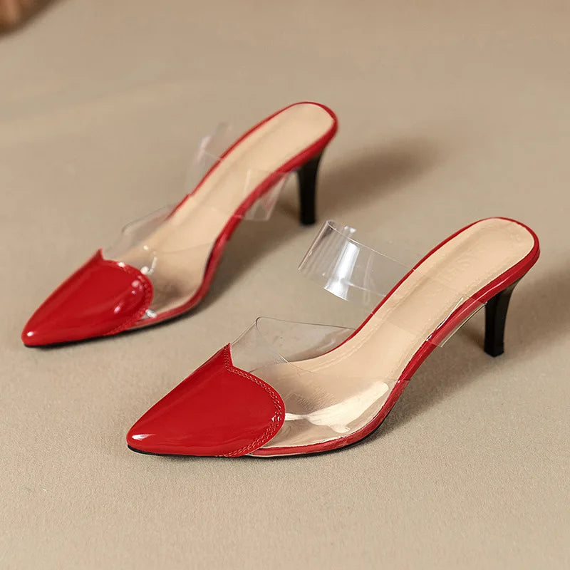 Pointed Toe Slippers,2024 High Heeled Summer Shoes,Transparent PVC Slides,Outside Wearing,Slip On,Black,White,Red,35-40,Dropship - Belvar
