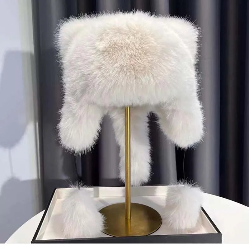 Women Winter Warm Kawaiyi Fox Fur Imitation Mink Plush Hat Thickened Cute Bear Ear plush Lei Feng hat Ear Protection Cosplay Cap