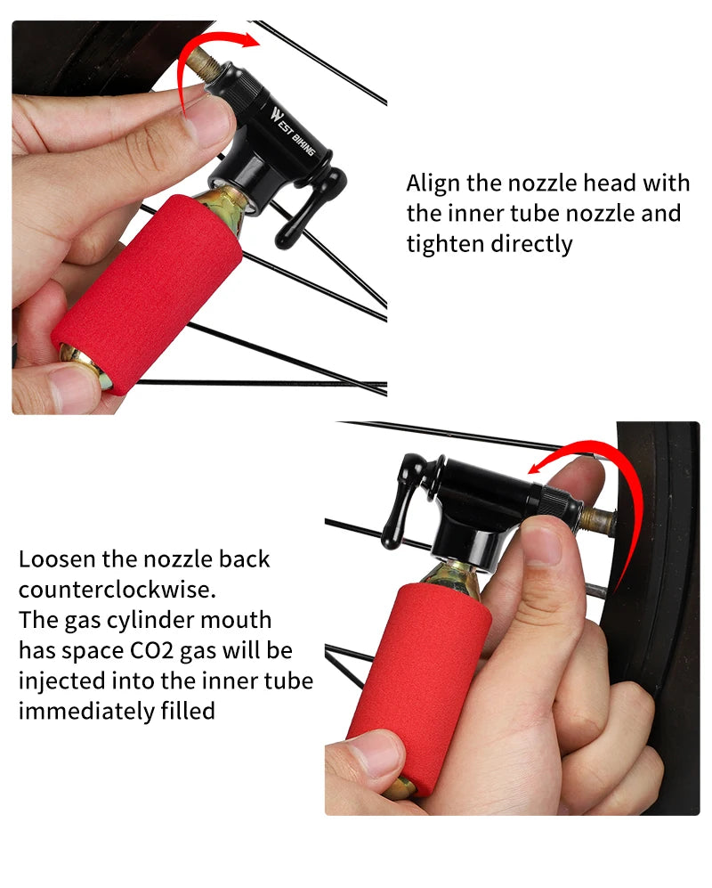WEST BIKING Mini Bicycle CO2 Pump Portable Tire Inflator For Schrader Presta Adapter MTB Road Bike Aluminum Alloy Automatic Pump