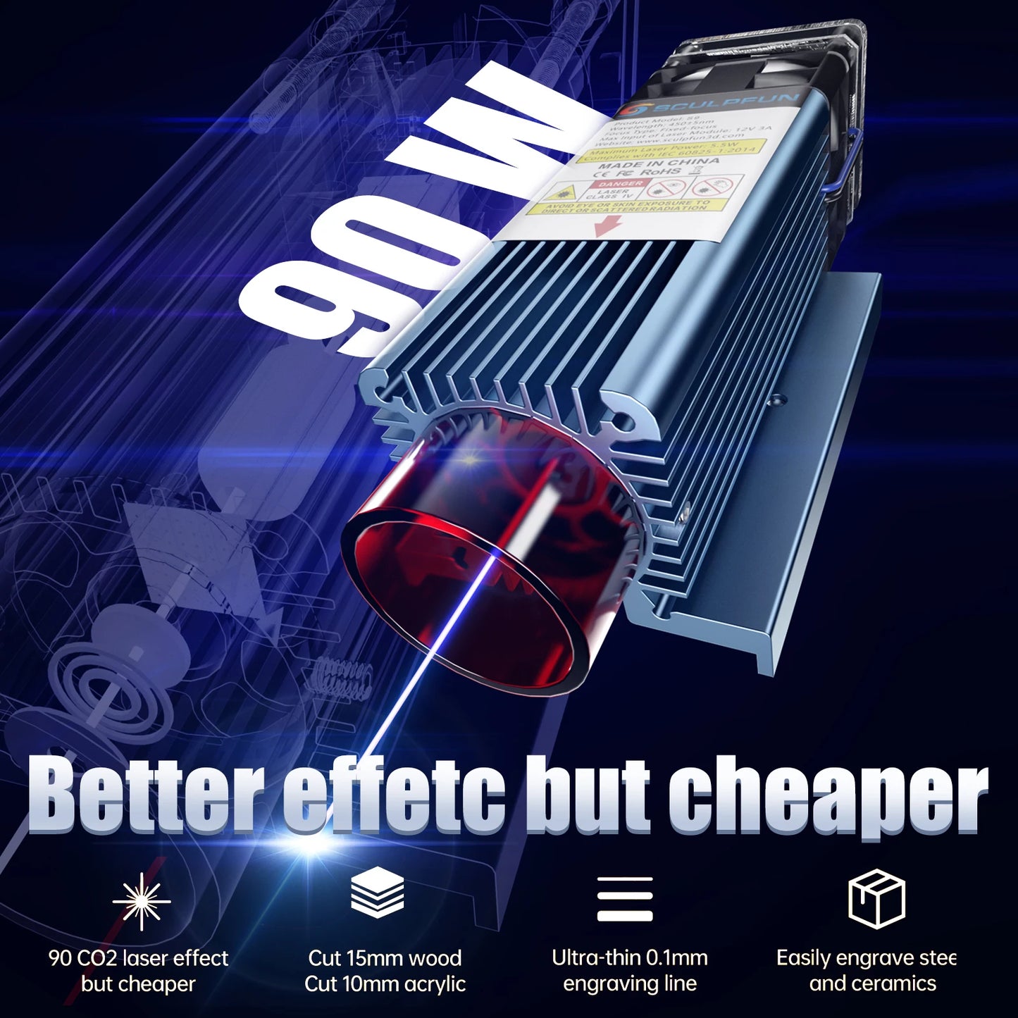 SCULPFUN S9 90W Effect Laser Engraving Machine Ultra-thin Laser Beam Shaping Technology Acrylic Engraver Cut Machine 410x420mm