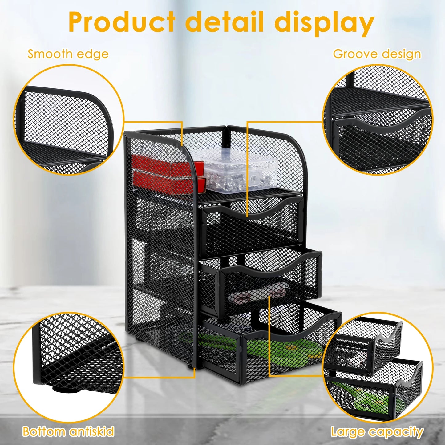 4 Layer Mesh Desk Organizer Large Capacity Stationery Organizer Box with Drawer Multifunctional Office Supplies for Home School