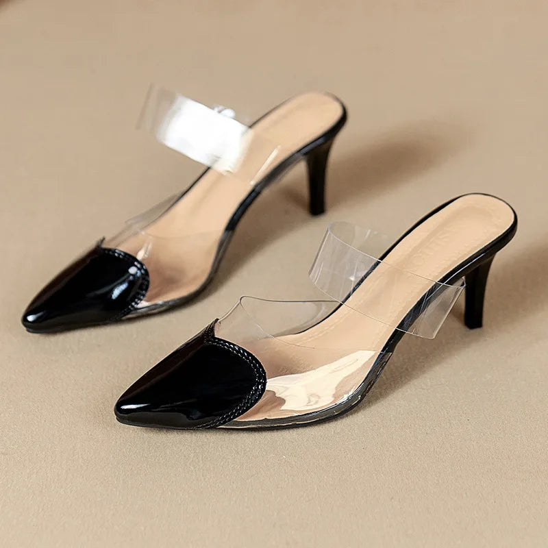 Pointed Toe Slippers,2024 High Heeled Summer Shoes,Transparent PVC Slides,Outside Wearing,Slip On,Black,White,Red,35-40,Dropship - Belvar