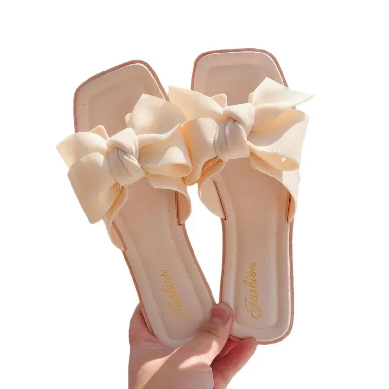 Bow slippers female summer wear new fashionable sweet girl flat bottom non-slip fairy wind word cool slippers female - Belvar