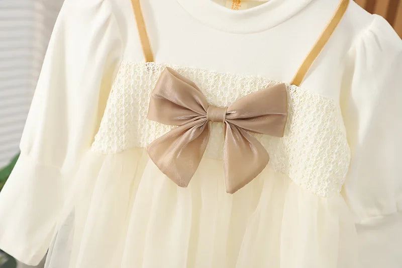 Toddler Baby Dresses For Girls Cotton Long Sleeve Mesh Bow Lace Girls Dress Fashion Princess Clothes For Kids Spring Autumn