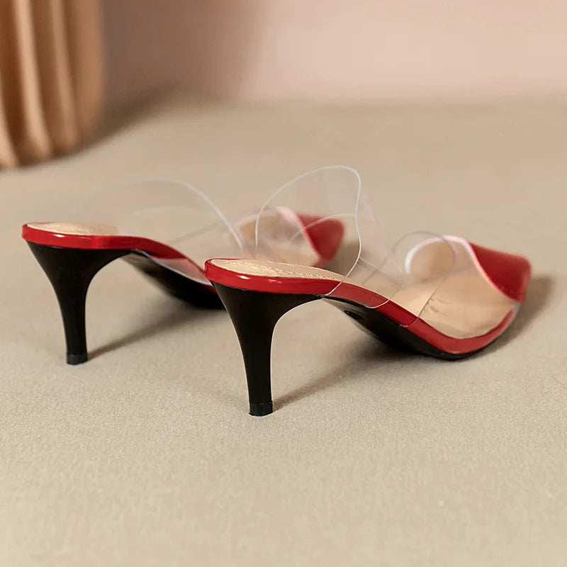 Pointed Toe Slippers,2024 High Heeled Summer Shoes,Transparent PVC Slides,Outside Wearing,Slip On,Black,White,Red,35-40,Dropship - Belvar