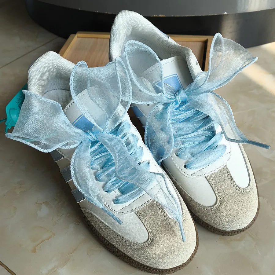 4cm Wide Festoon Fishtail Organza Shoelaces Wave Chiffen Yarn Bow Laces Beauty White Casual Sneaker DE Training Shoes Laces