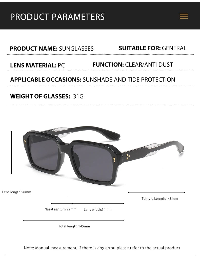 2024 New Square Sunglasses Personalized Sunscreen Ink High Quality Men's Retro Black Classic Rivet Fashion Glasses