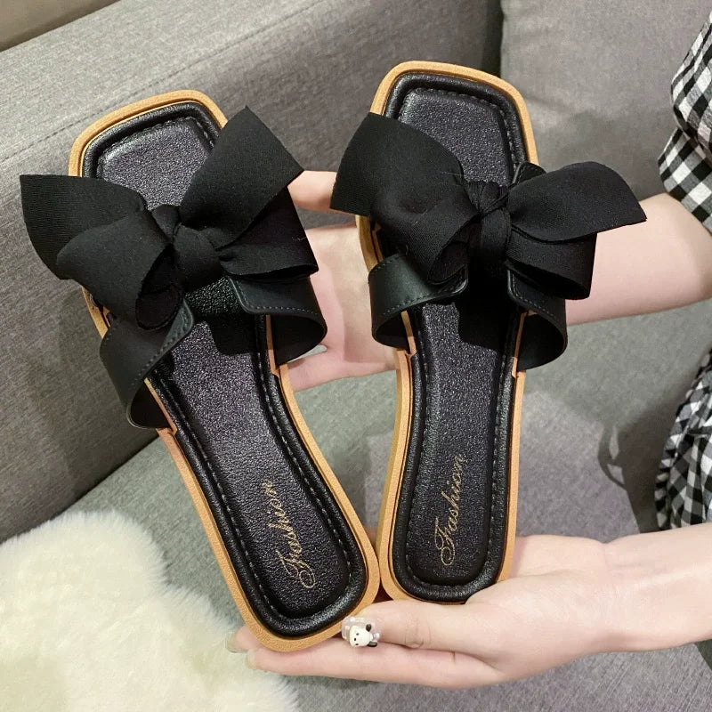 Bow slippers female summer wear new fashionable sweet girl flat bottom non-slip fairy wind word cool slippers female - Belvar