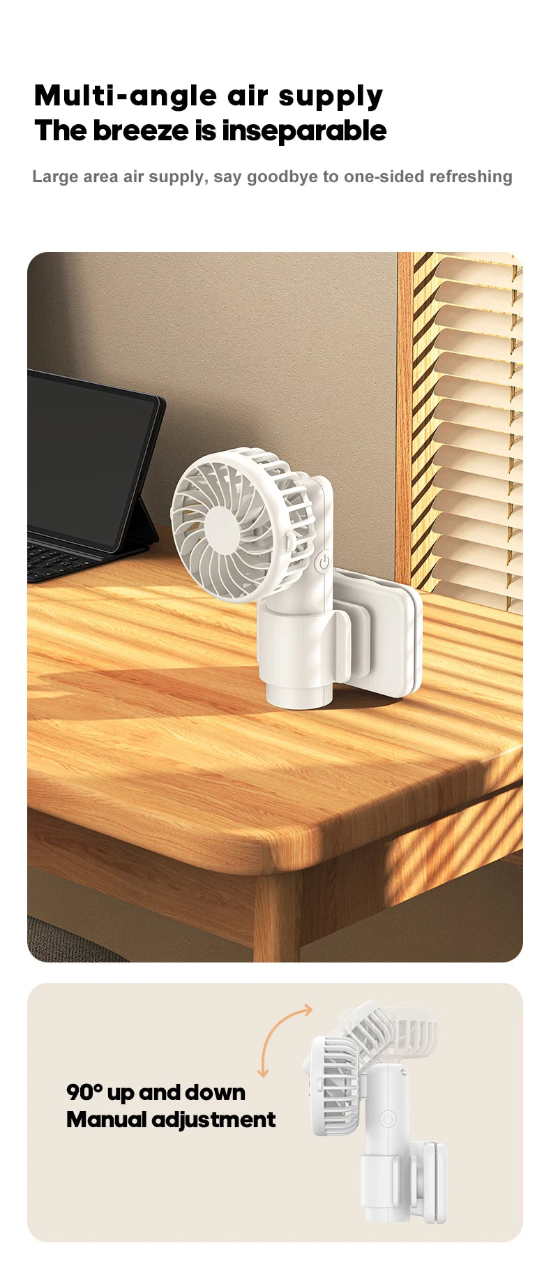 Portable Multifunctional Mini Clip Fan USB Rechargeable 1000mAh 3 Wind Speeds Adjustable Silent Handheld Fan for Travel Umbrella