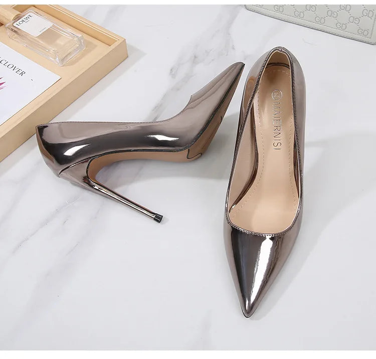 High Heels for Women ELEGANT Sweet Fashion British Style Slip-On 12CM Thin Heels Pointed Toe Office Career Women Shoes Gold 46 - Belvar