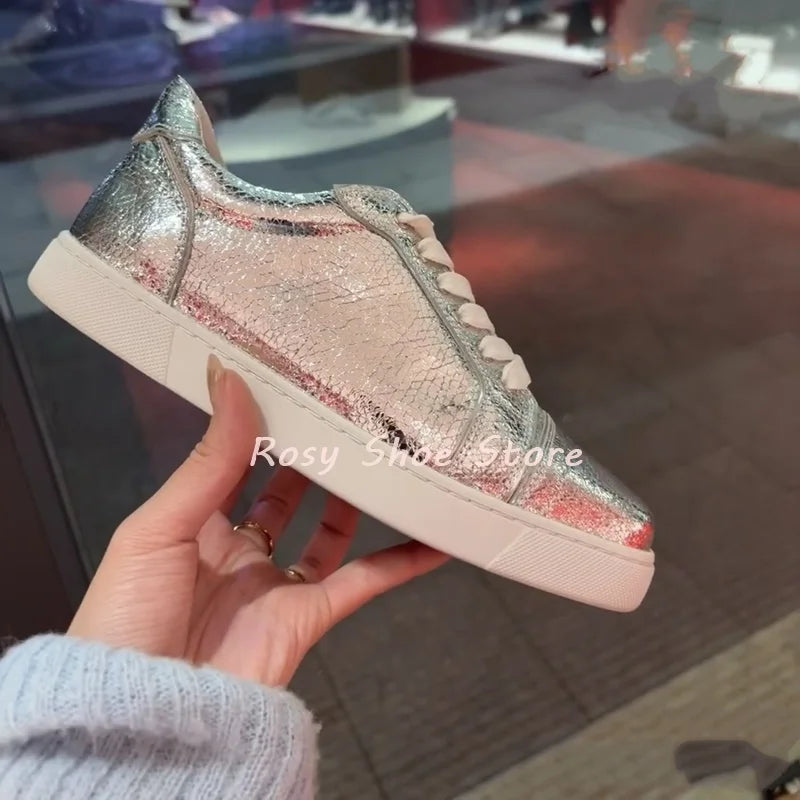 Silver Gold Glossy Textured Men's Women's Sneakers Cute Round Toe Fashion Lace Up Flat Casual Daily Couple Shoes Training Shoes