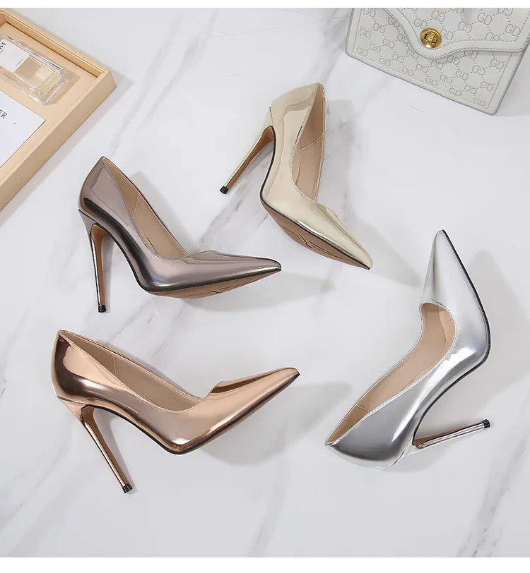 High Heels for Women ELEGANT Sweet Fashion British Style Slip-On 12CM Thin Heels Pointed Toe Office Career Women Shoes Gold 46 - Belvar