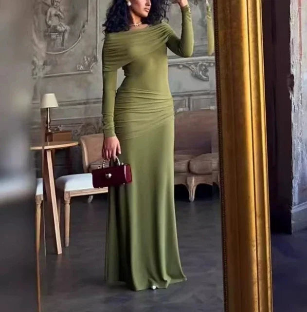 Womens Dresses Spring New Round Neck Long Sleeves Elegant Temperament Ruched Waist Cinching Skinny Evening long Dress