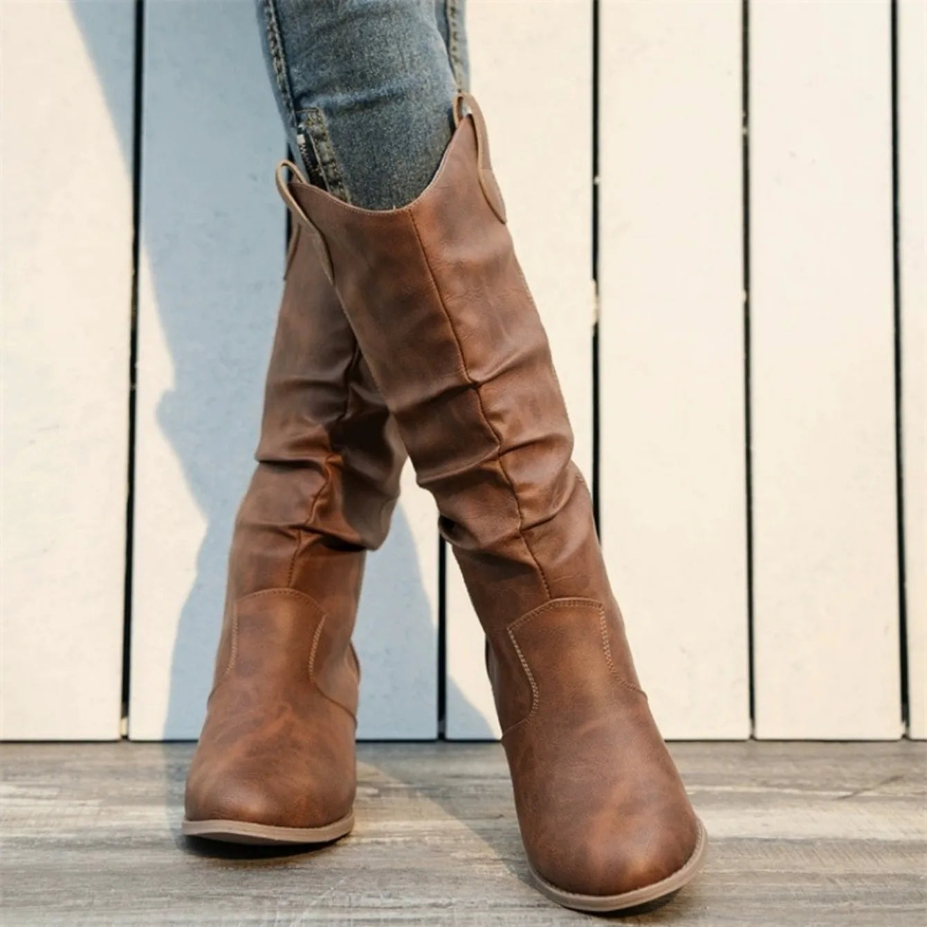 Shoes for Women New Slip-on Fashion Women Boots Sewing Daily Round Toe Square Heel Mid Boots Women Comfortable Pleated Boots