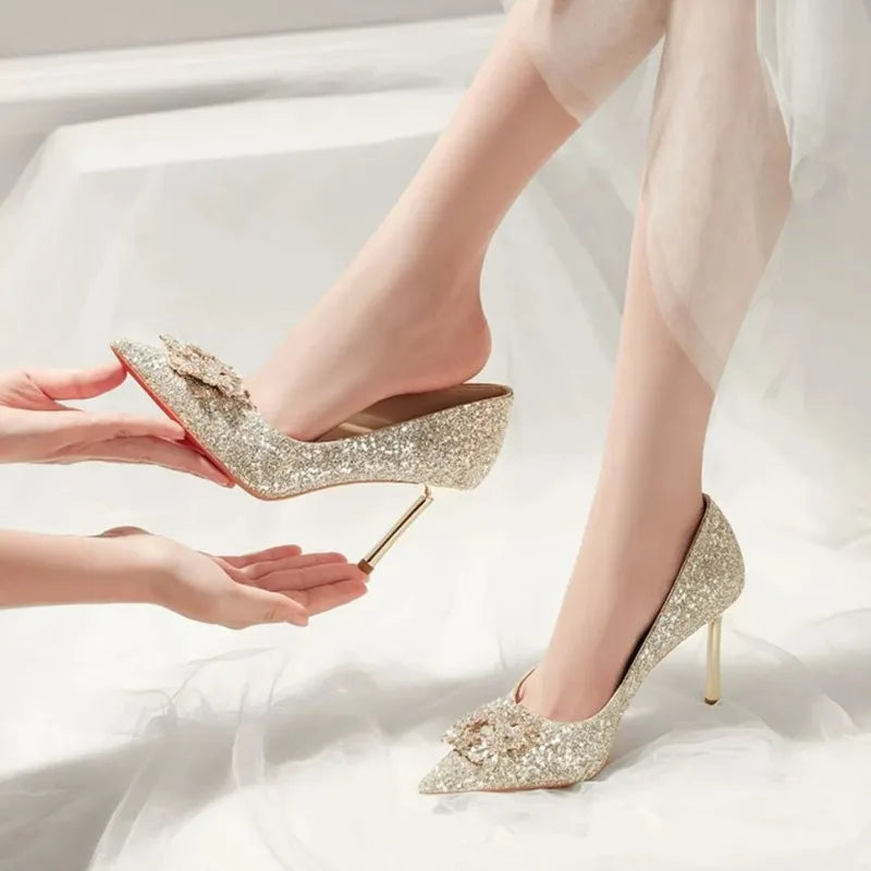 Womens High Heel Shoes Fad Elegant Crystal Pointed Toe Pumps Retro Shallow Mouth Banquet Party Wedding Women Shoes Zapatos Mujer - Belvar