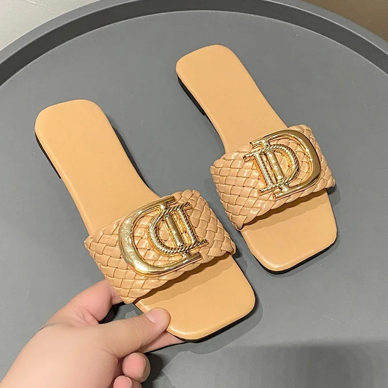 Women Slippers Party Sexy Elegant Slippers Women Luxury Decor Weave Designer Flat Sandals Fashion Open-toe Vacation Slides Women - Belvar