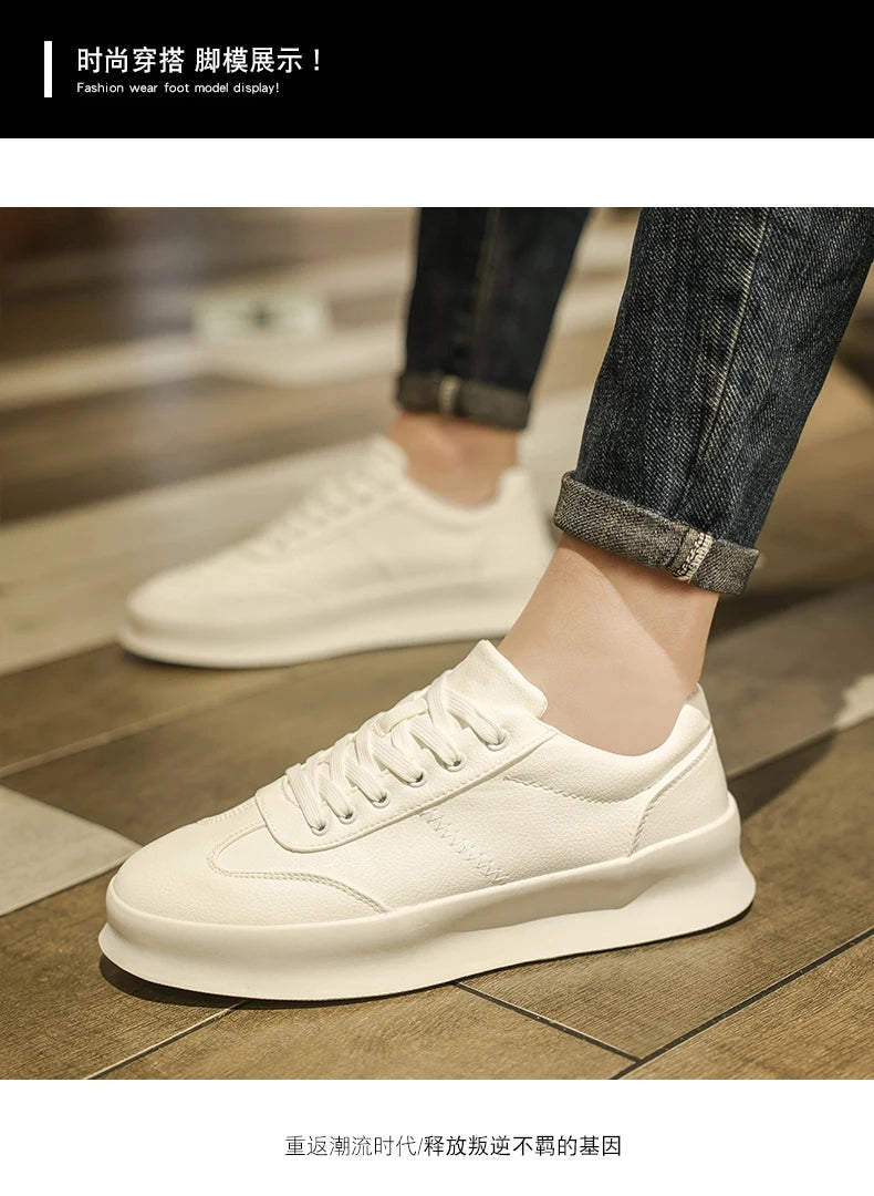 Original Men's Sneakers New Thick-soled Small White Shoes Casual Sports Flat Heel Round Toe Comfortable Trend Fashion Elastic PU - Belvar