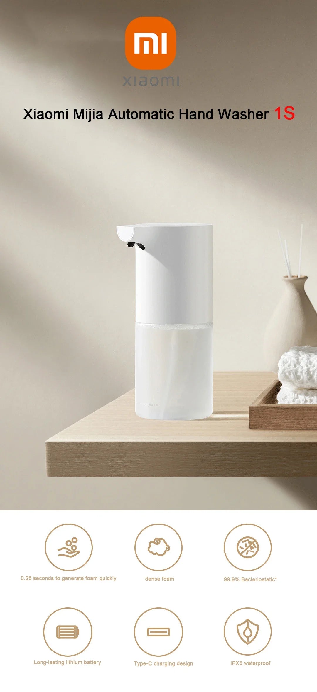 XIAOMI Mijia Electric Soap Dispenser 1S USB Rechargeable Automatic Induction Hand Wash Foaming Machine Add 70% Water to Dilute