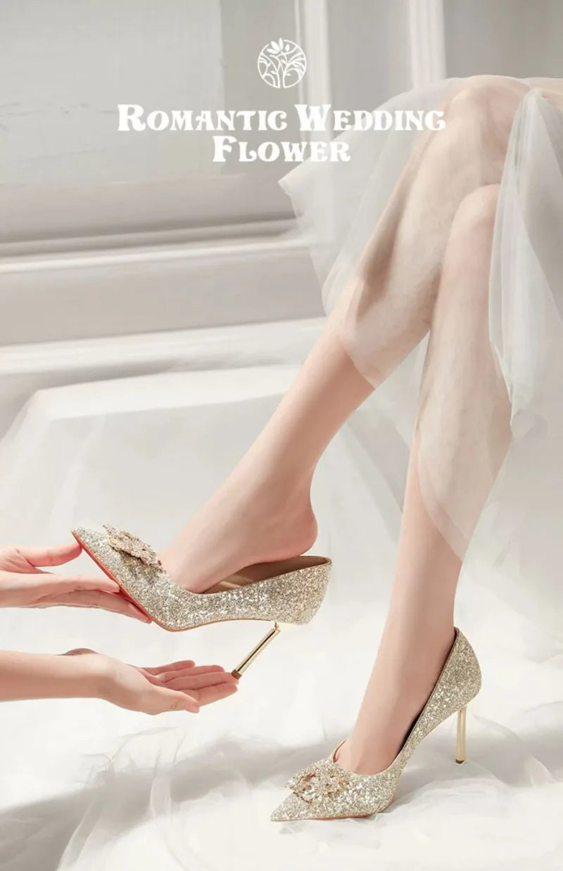 Womens High Heel Shoes Fad Elegant Crystal Pointed Toe Pumps Retro Shallow Mouth Banquet Party Wedding Women Shoes Zapatos Mujer - Belvar