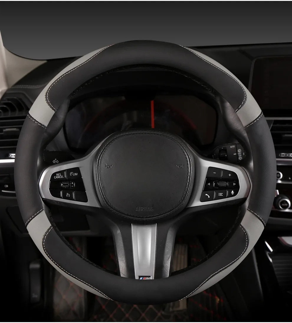 Car Steering Wheel Cover - Universal Car for Diverse Cars, Durable Leather Cover with Anti-Slip Lining, Fit for 14.5"-15" - Belvar