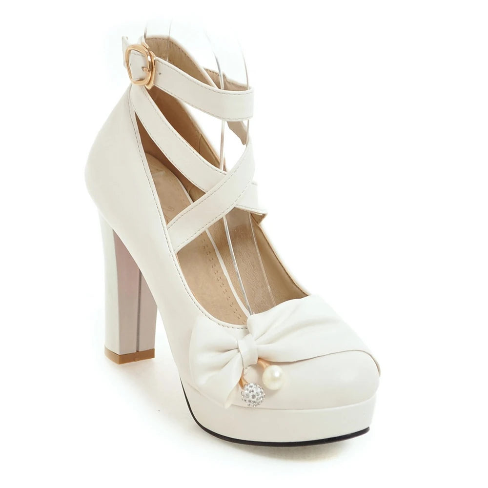 High Heels Women 2025 Trend Chunky Heels Platform Lolita Mary Jane Elegant Party Korean Shoes Dress White The Glossy Fashion - Belvar