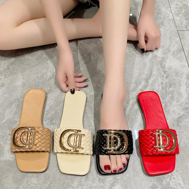 Women Slippers Party Sexy Elegant Slippers Women Luxury Decor Weave Designer Flat Sandals Fashion Open-toe Vacation Slides Women - Belvar