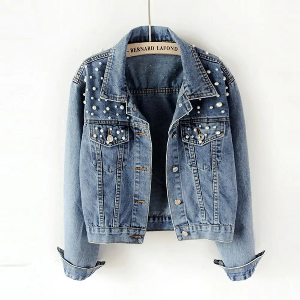 Trendy Women Denim Jacket Firm Stitching Autumn Denim Jacket Breathable Cardigan Imitation Pearl Autumn Coat Beads Decor