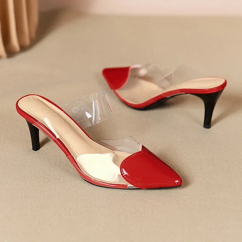 Pointed Toe Slippers,2024 High Heeled Summer Shoes,Transparent PVC Slides,Outside Wearing,Slip On,Black,White,Red,35-40,Dropship - Belvar