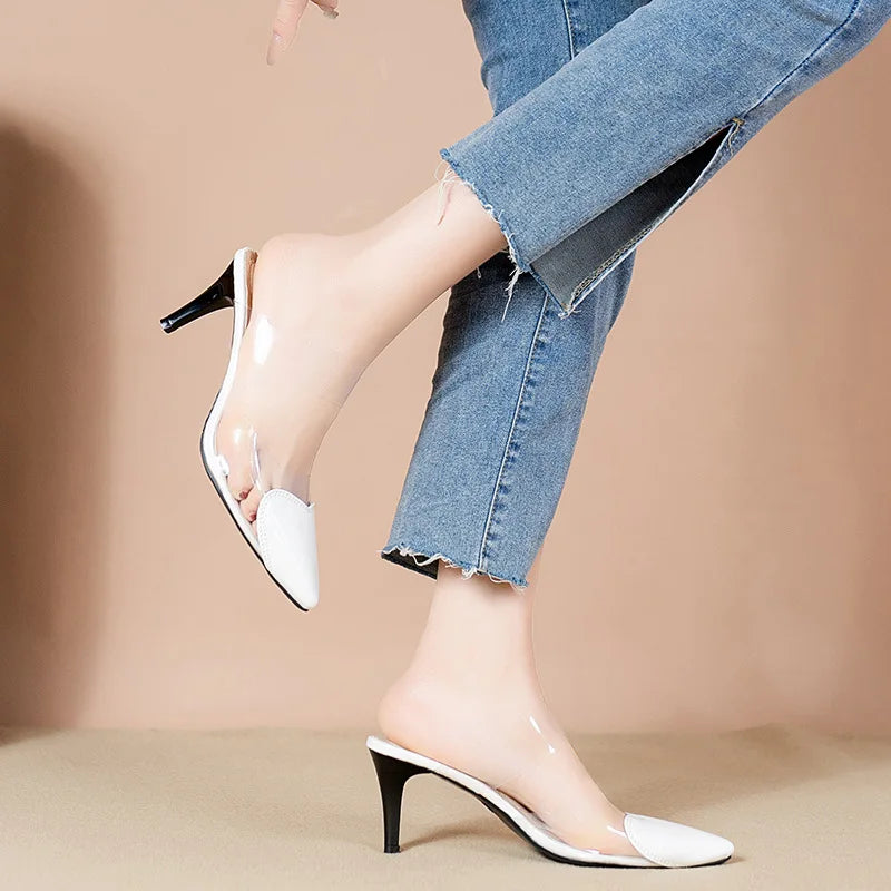 Pointed Toe Slippers,2024 High Heeled Summer Shoes,Transparent PVC Slides,Outside Wearing,Slip On,Black,White,Red,35-40,Dropship - Belvar