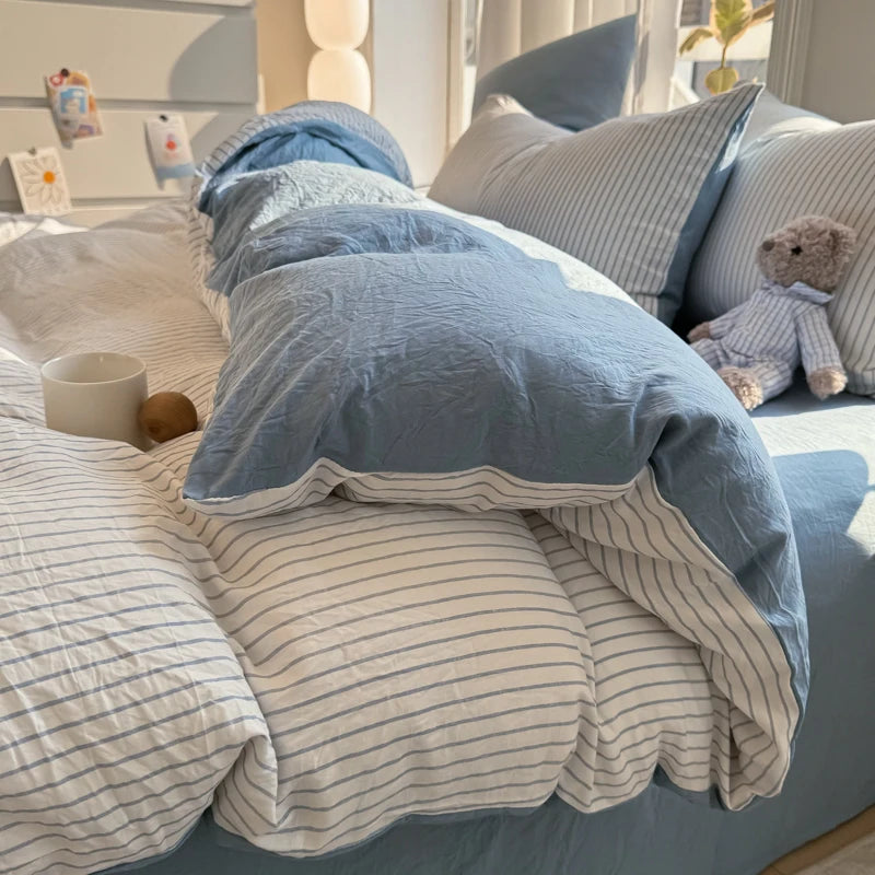 Washed Cotton Duvet Cover Set Quilt Set Ins Nordic Minimalist Style Grey Strip Bed Set Home Textile Bedding Set Bed Sheets 2025