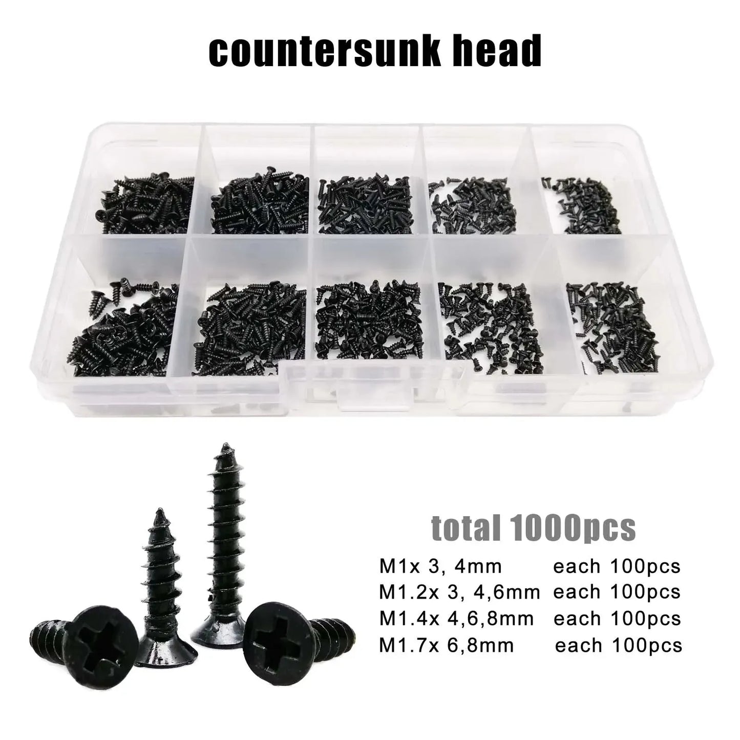 1000pcs Mini Micro Small Tapping Wood Screw Set Kit for Toy Car Electronic Products Glasses Phone M1 M1.2 M1.4 M1.7 Black Steel