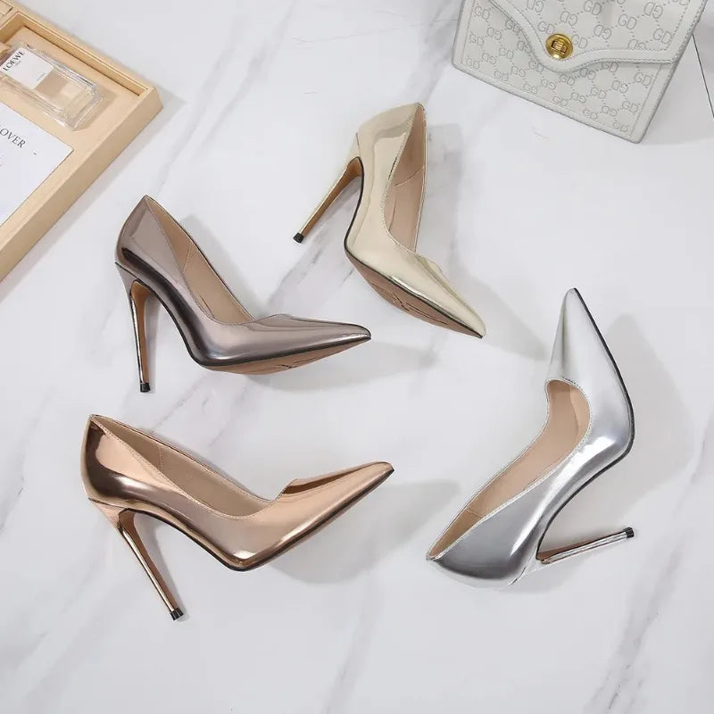 High Heels for Women ELEGANT Sweet Fashion British Style Slip-On 12CM Thin Heels Pointed Toe Office Career Women Shoes Gold 46 - Belvar