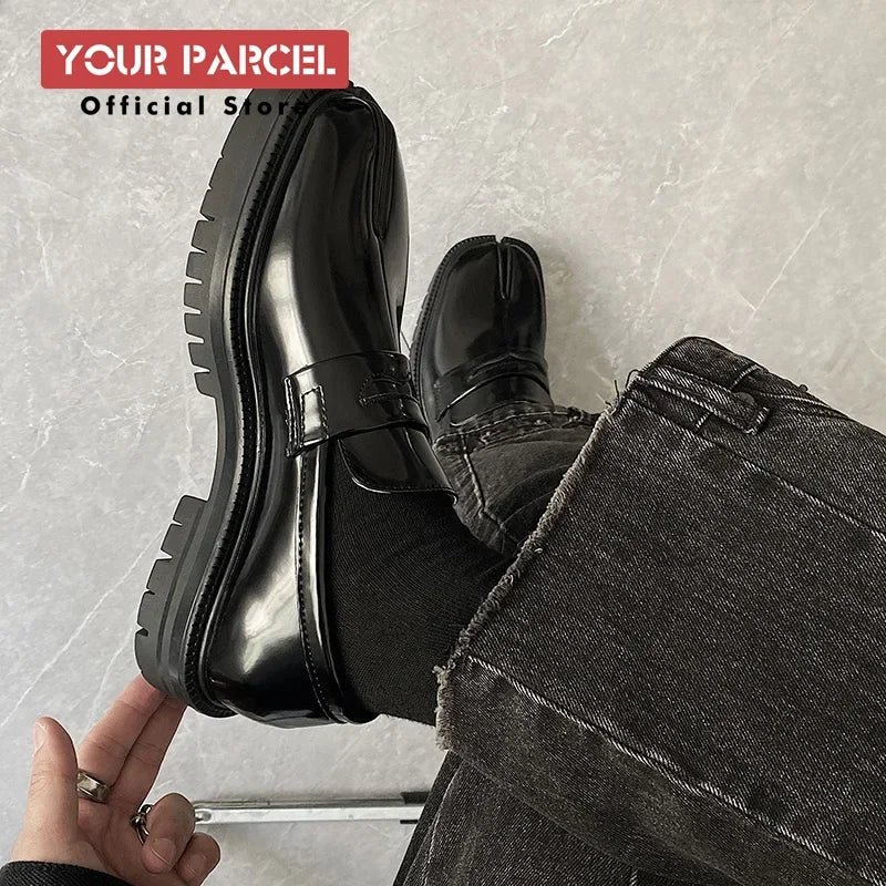 Split toe horseshoe shoes for men's thick sole Loafer shoes Tabi shoes patent leather Korean version trend casual leather shoes - Belvar