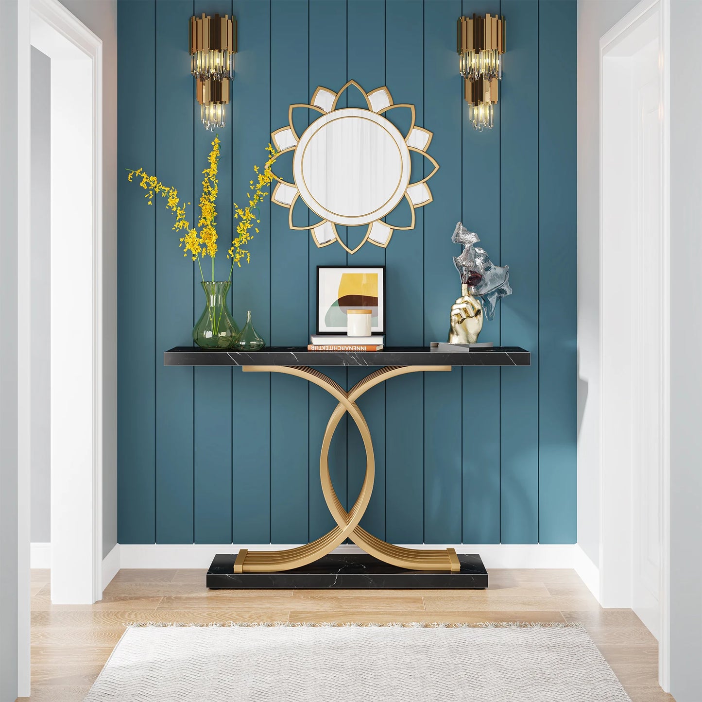 Tribesigns Gold Entryway Table, Modern 39-Inch Console Faux Marble Narrow Wood Sofa with Geometric Metal Legs