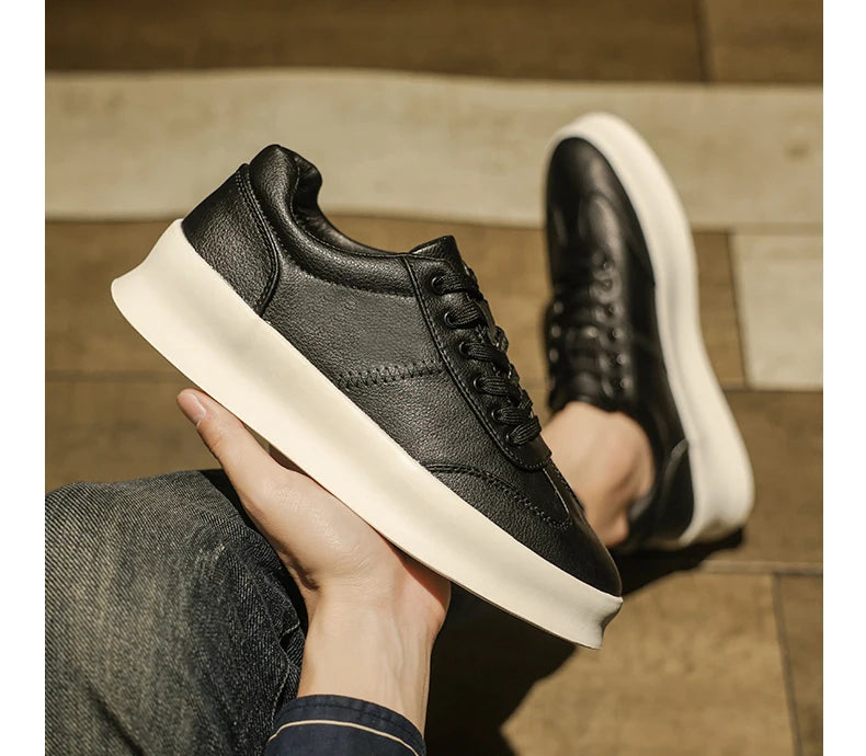 Original Men's Sneakers New Thick-soled Small White Shoes Casual Sports Flat Heel Round Toe Comfortable Trend Fashion Elastic PU - Belvar