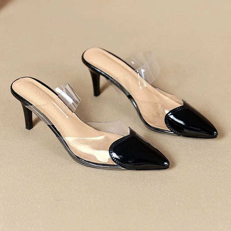 Pointed Toe Slippers,2024 High Heeled Summer Shoes,Transparent PVC Slides,Outside Wearing,Slip On,Black,White,Red,35-40,Dropship - Belvar