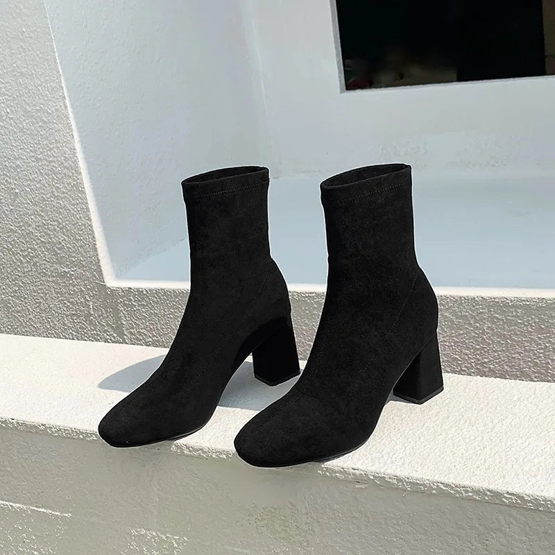 Ladies Shoes on Sale 2023 Zipper Women's Boots Autumn Square Toe Solid Short Barrel Shoes Female Chunky Heel Rider Boots Zapatos - Belvar